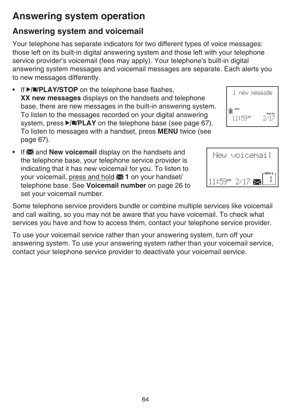 Answering system operation, Answering system and voicemail | VTech DS6641_-2 Manual User Manual | Page 68 / 102