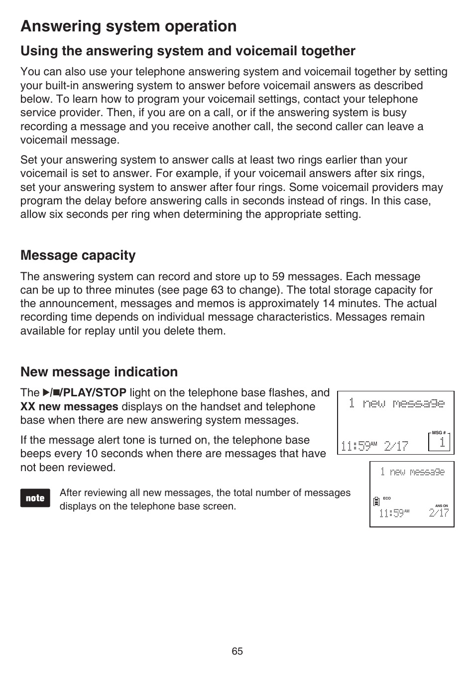 Using the answering system and voicemail together, Message capacity, New message indication | Using the answering system and, Voicemail together, Message capacity new message indication, Answering system operation | VTech DS6641_-2 Manual User Manual | Page 69 / 102