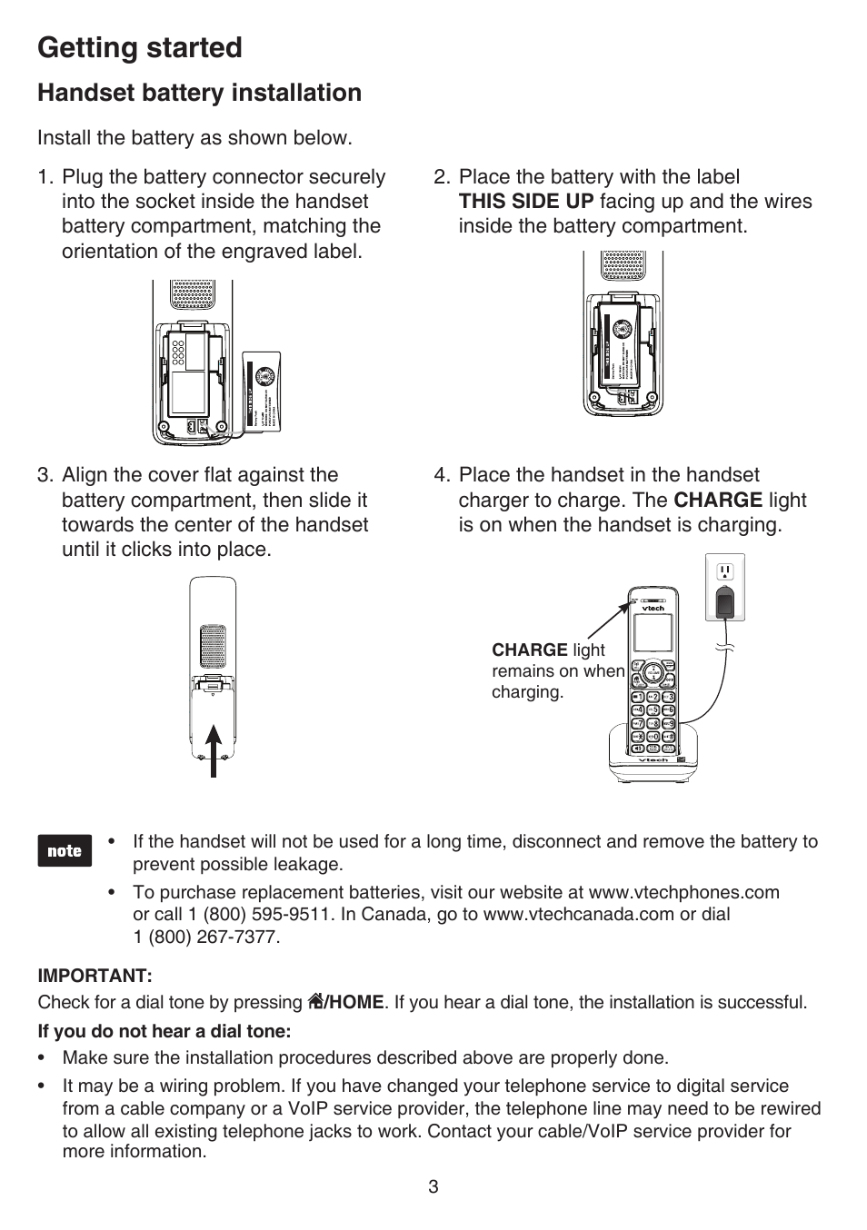 Battery installation, Handset battery installation, Getting started | VTech DS6641_-2 Manual User Manual | Page 7 / 102