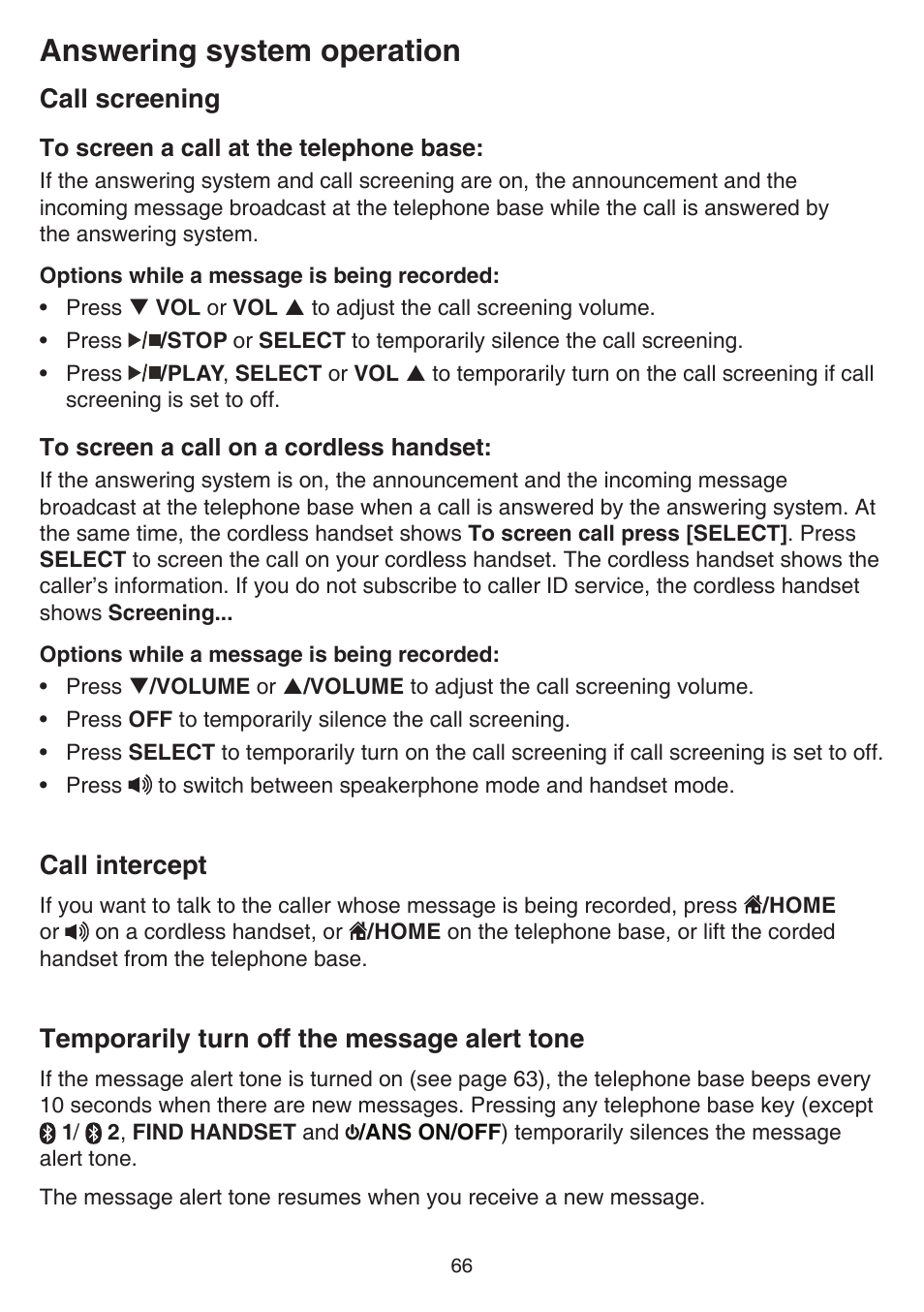 Call screening, Call intercept, Temporarily turn off the message alert tone | Alert tone, Answering system operation | VTech DS6641_-2 Manual User Manual | Page 70 / 102