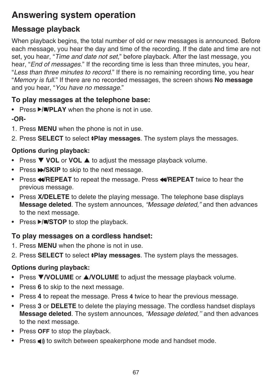 Message playback, Answering system operation | VTech DS6641_-2 Manual User Manual | Page 71 / 102