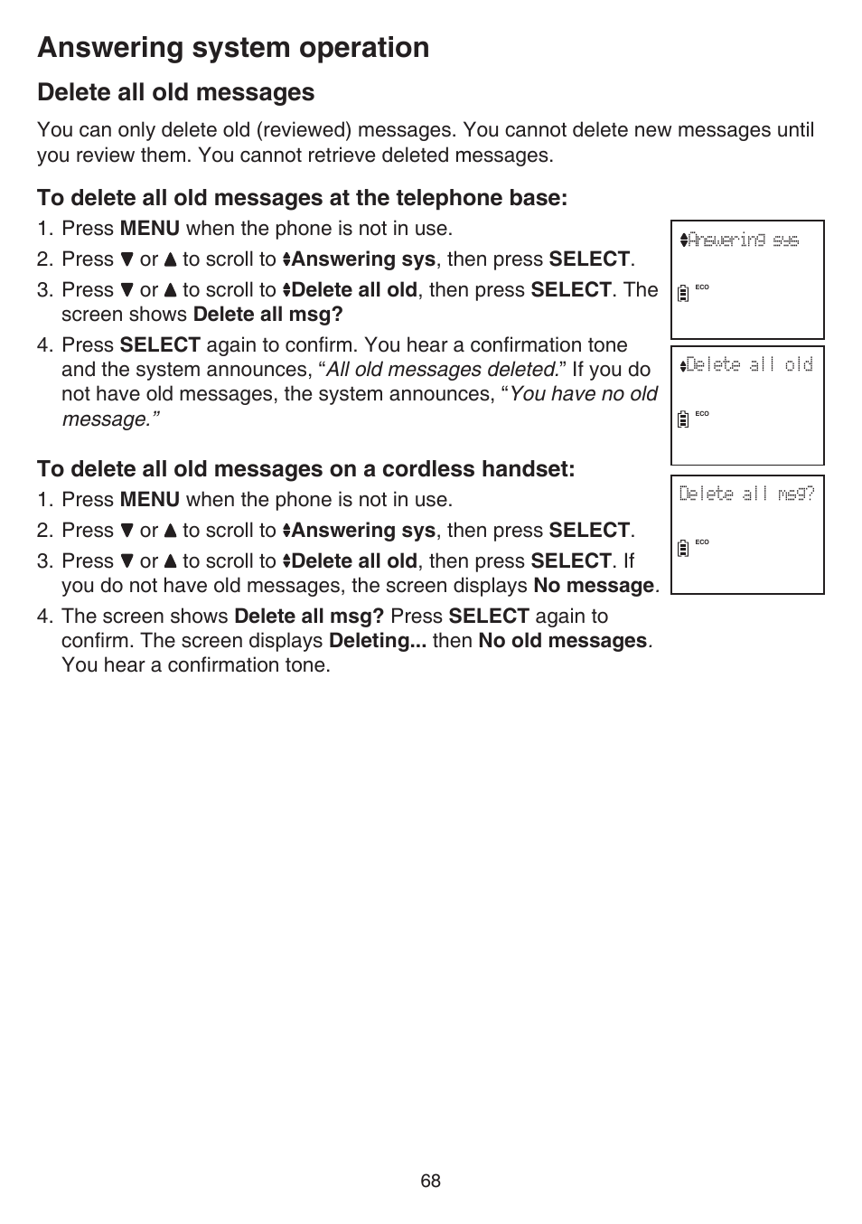 Delete all old messages, Answering system operation | VTech DS6641_-2 Manual User Manual | Page 72 / 102