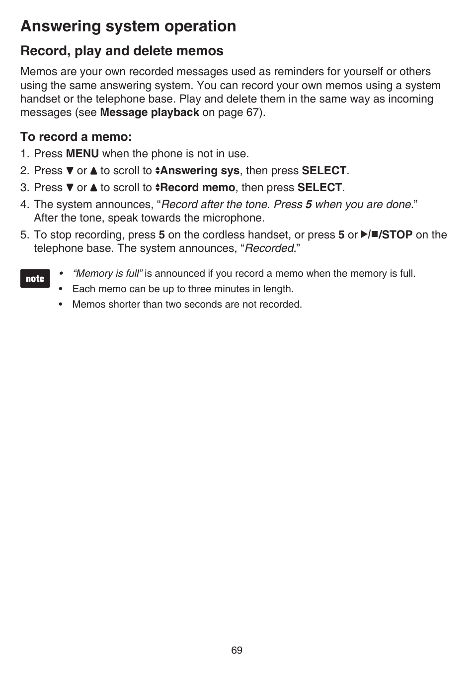 Record, play and delete memos, Answering system operation | VTech DS6641_-2 Manual User Manual | Page 73 / 102