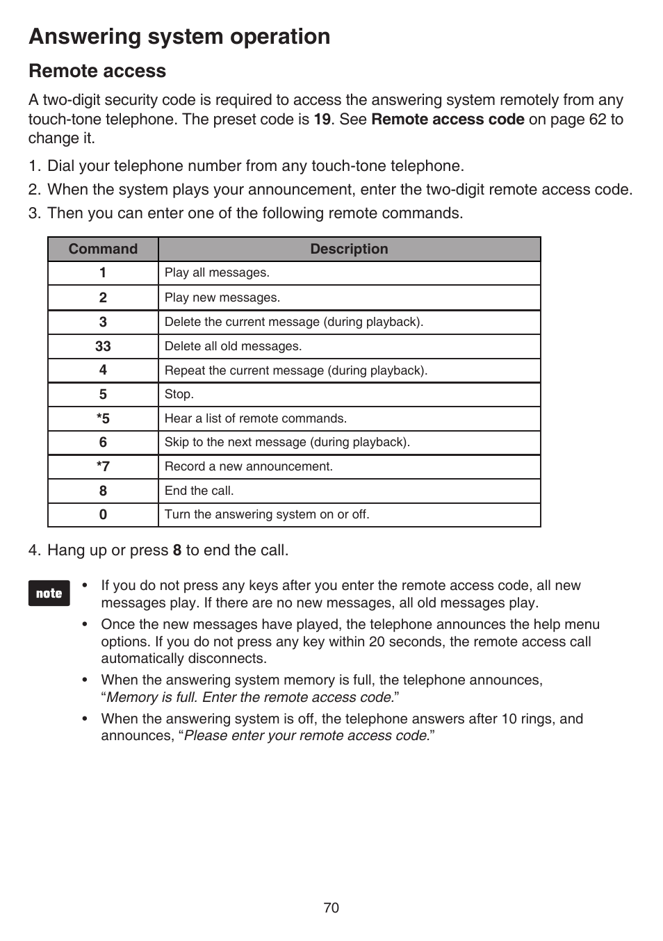 Remote access, Answering system operation | VTech DS6641_-2 Manual User Manual | Page 74 / 102