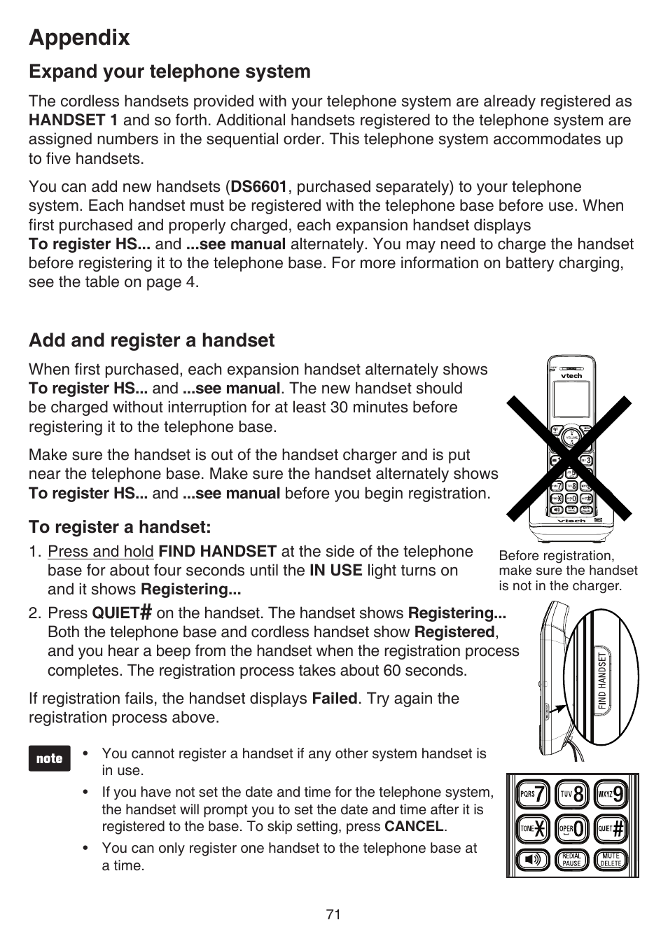 Appendix, Expand your telephone system, Add and register a handset | VTech DS6641_-2 Manual User Manual | Page 75 / 102