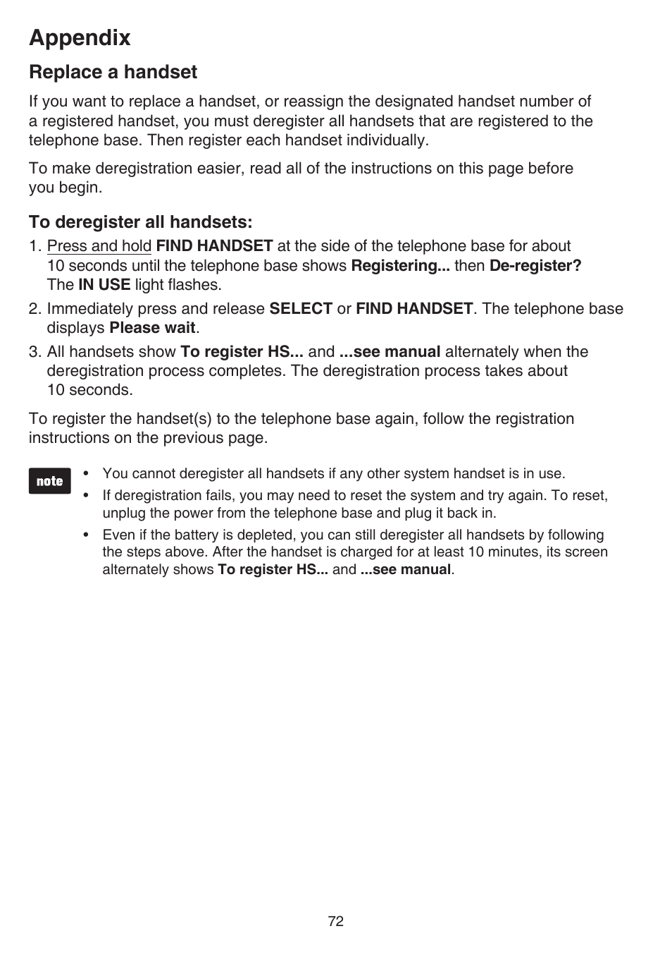 Replace a handset, Appendix | VTech DS6641_-2 Manual User Manual | Page 76 / 102