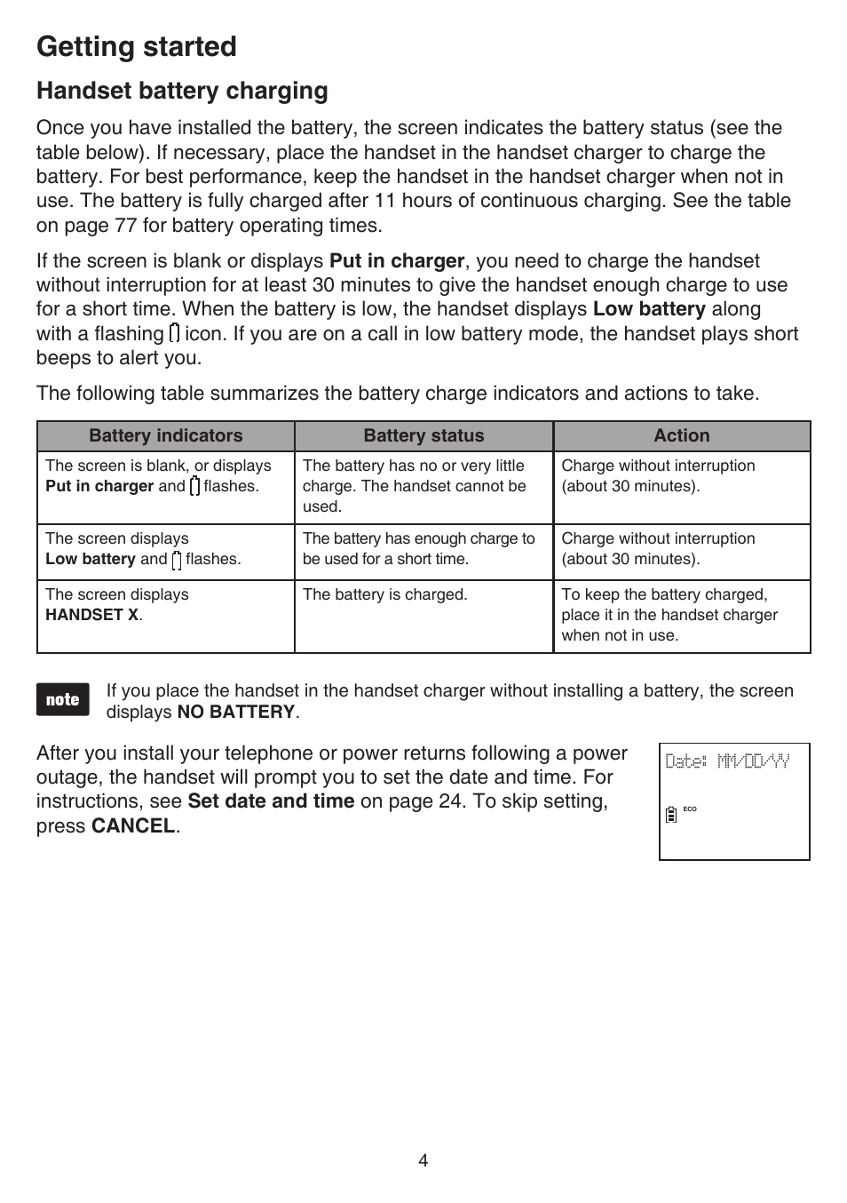 Handset battery charging, Getting started | VTech DS6641_-2 Manual User Manual | Page 8 / 102