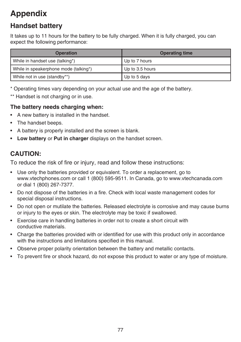 Handset battery, Appendix, Caution | VTech DS6641_-2 Manual User Manual | Page 81 / 102