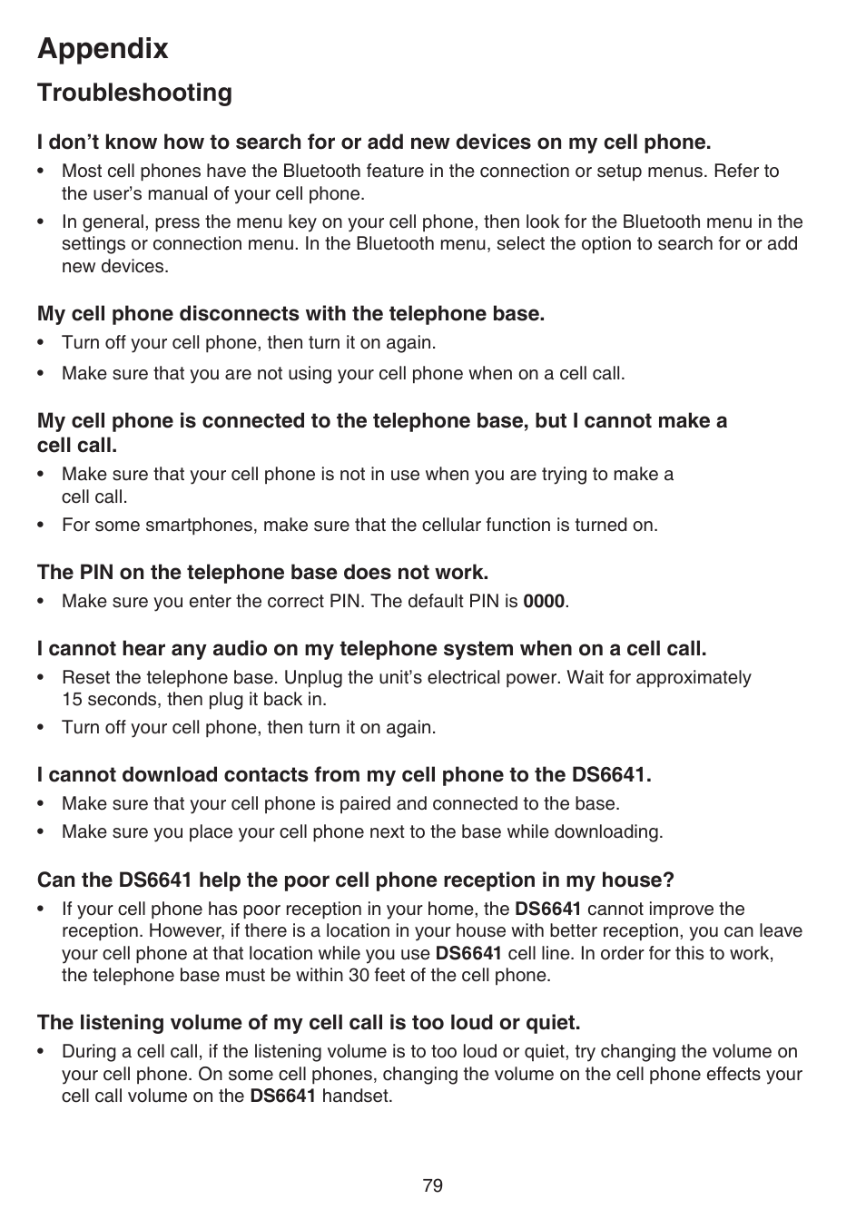 Appendix, Troubleshooting | VTech DS6641_-2 Manual User Manual | Page 83 / 102