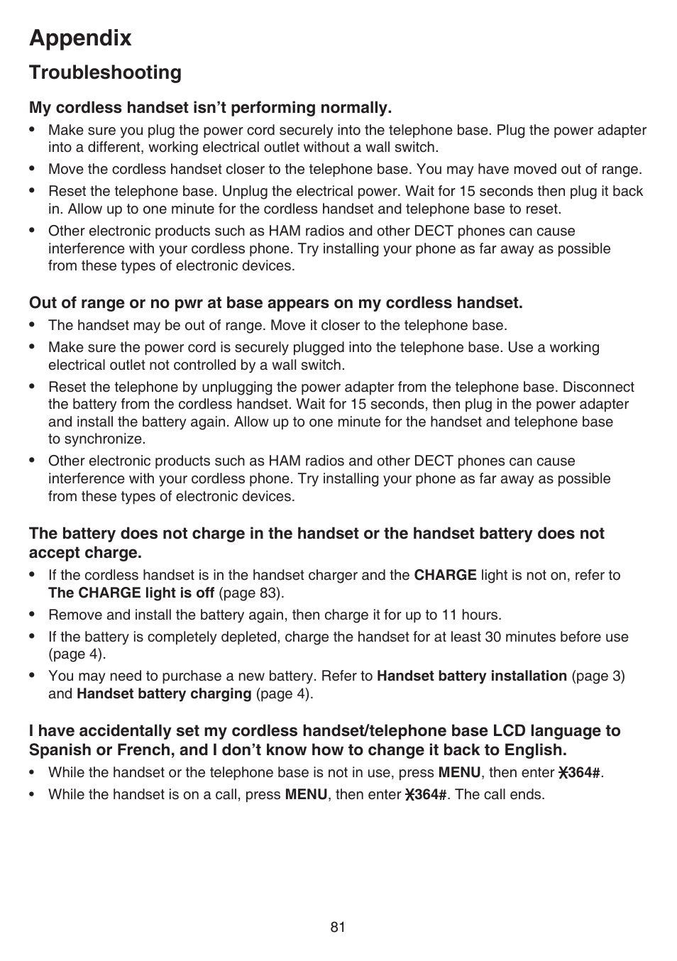 Appendix, Troubleshooting | VTech DS6641_-2 Manual User Manual | Page 85 / 102