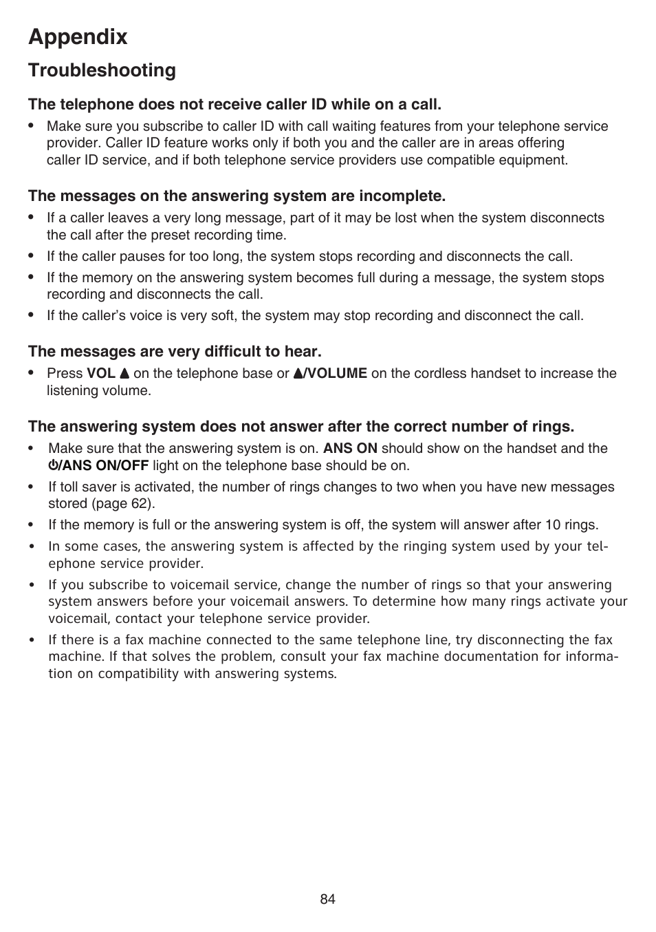 Appendix, Troubleshooting | VTech DS6641_-2 Manual User Manual | Page 88 / 102