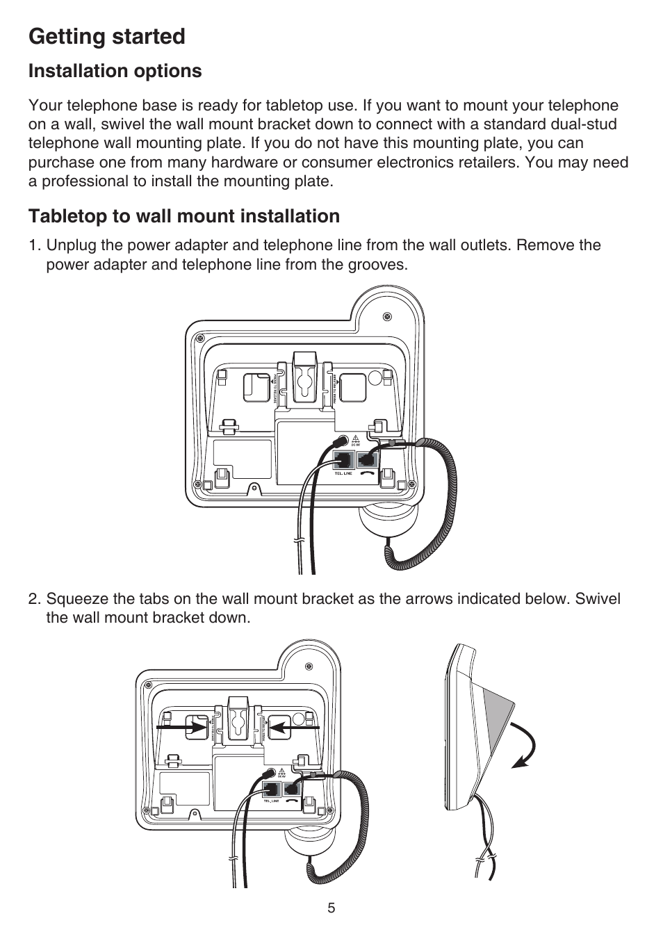 Desktop installation, Installation options, Tabletop to wall mount installation | Getting started | VTech DS6641_-2 Manual User Manual | Page 9 / 102