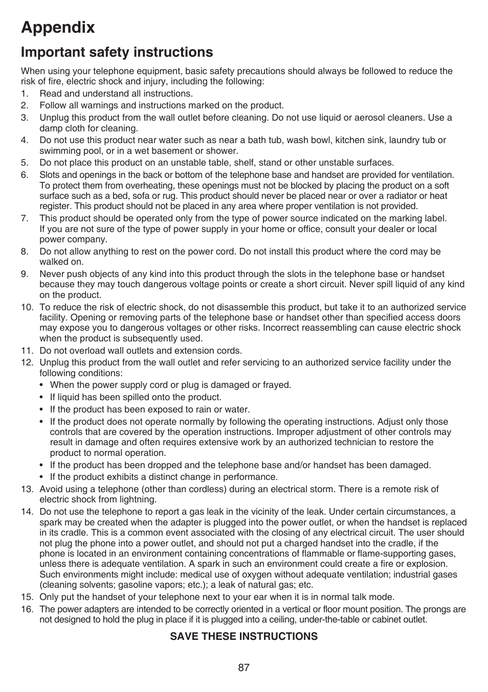 Important safety information, Important safety instructions, Appendix | VTech DS6641_-2 Manual User Manual | Page 91 / 102