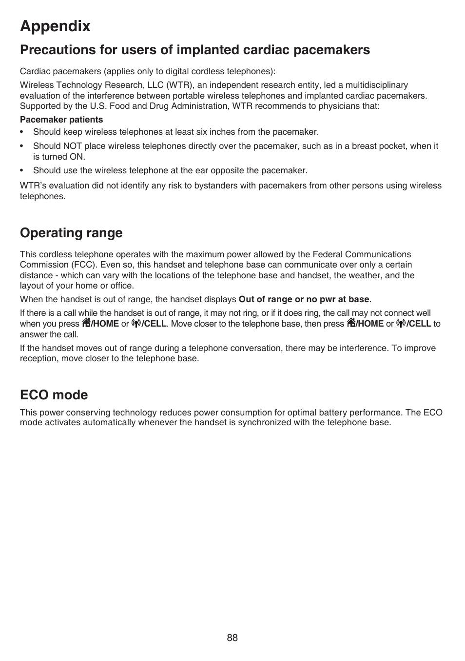 Operating range, Eco mode, Precautions for users of implanted | Cardiac pacemakers, Operating range eco mode, Appendix | VTech DS6641_-2 Manual User Manual | Page 92 / 102