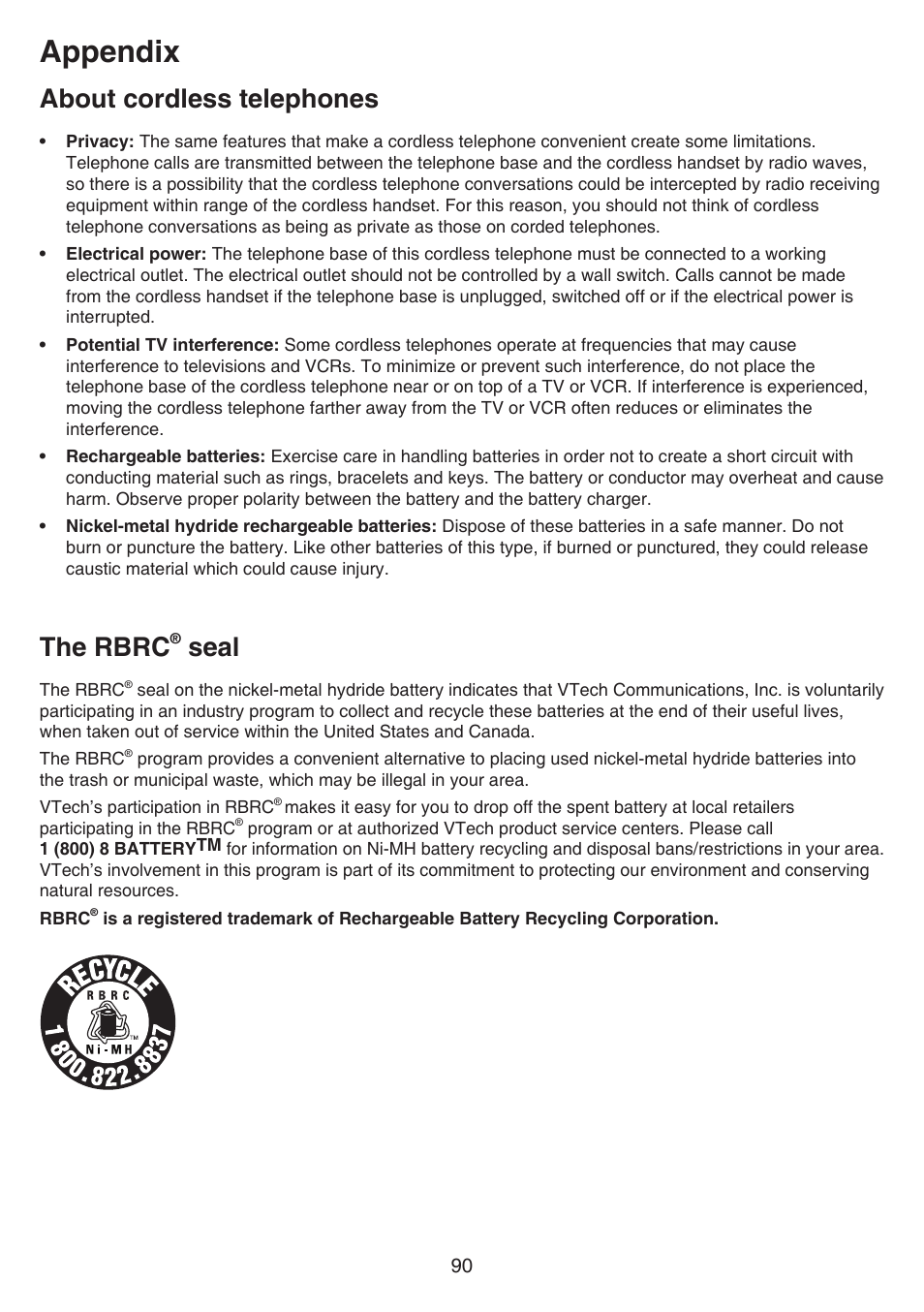 About cordless telephones, The rbrc® seal, About cordless telephones the rbrc | Seal, Appendix, The rbrc | VTech DS6641_-2 Manual User Manual | Page 94 / 102