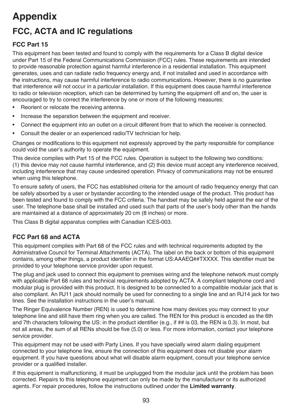 Fcc, acta and ic regulations, Fcc part 15, Fcc part 68 and acta | Appendix | VTech DS6641_-2 Manual User Manual | Page 97 / 102