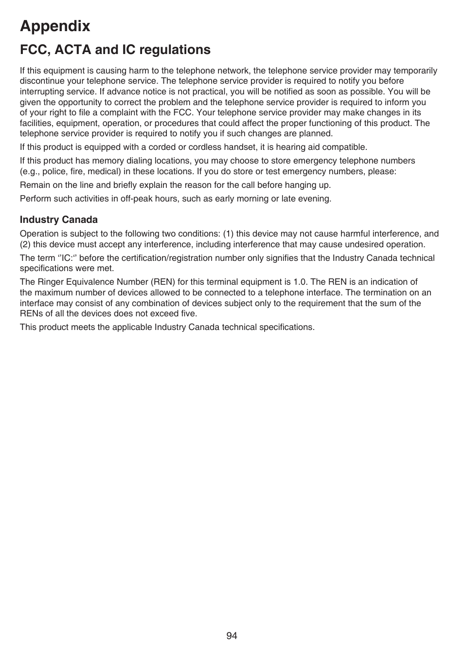Industry canada, Appendix, Fcc, acta and ic regulations | VTech DS6641_-2 Manual User Manual | Page 98 / 102