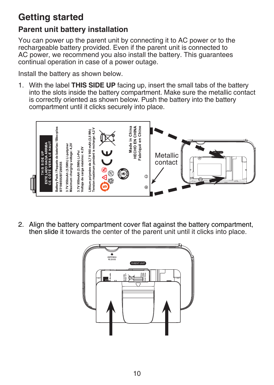 Parent unit battery installation, Getting started | VTech VM321-2 Manual User Manual | Page 16 / 52