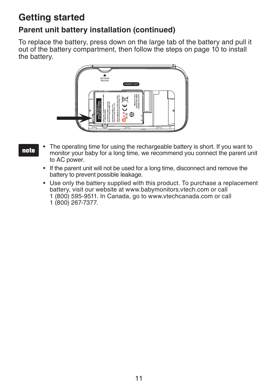 Getting started, Parent unit battery installation (continued) | VTech VM321-2 Manual User Manual | Page 17 / 52