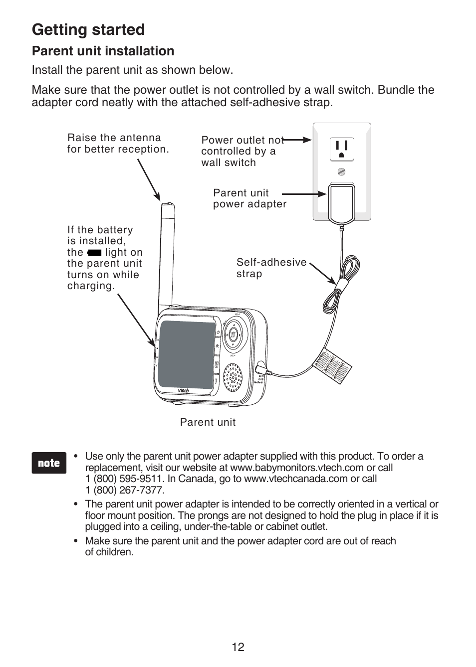 Parent unit installation, Getting started | VTech VM321-2 Manual User Manual | Page 18 / 52