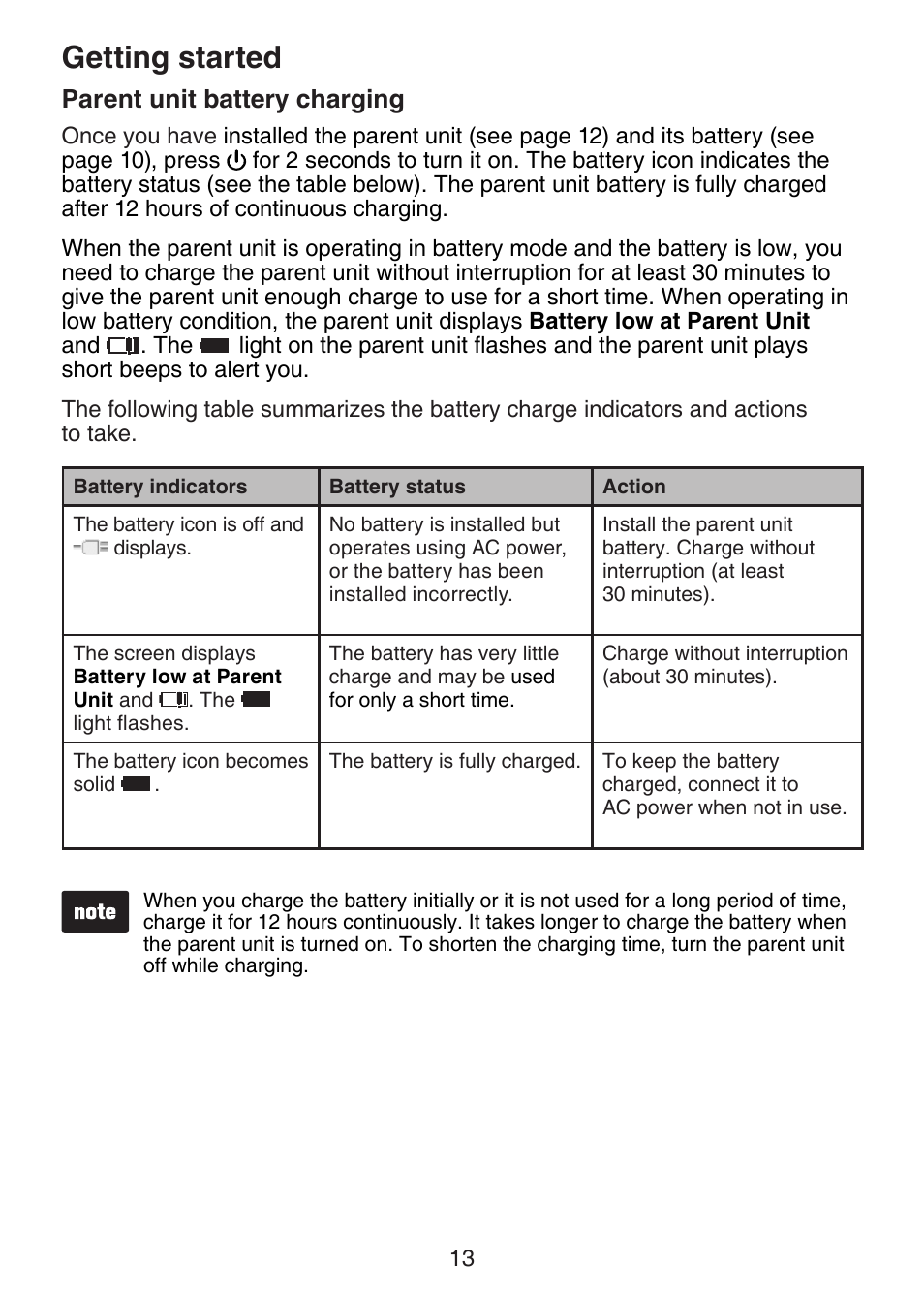 Parent unit battery charging, Getting started | VTech VM321-2 Manual User Manual | Page 19 / 52