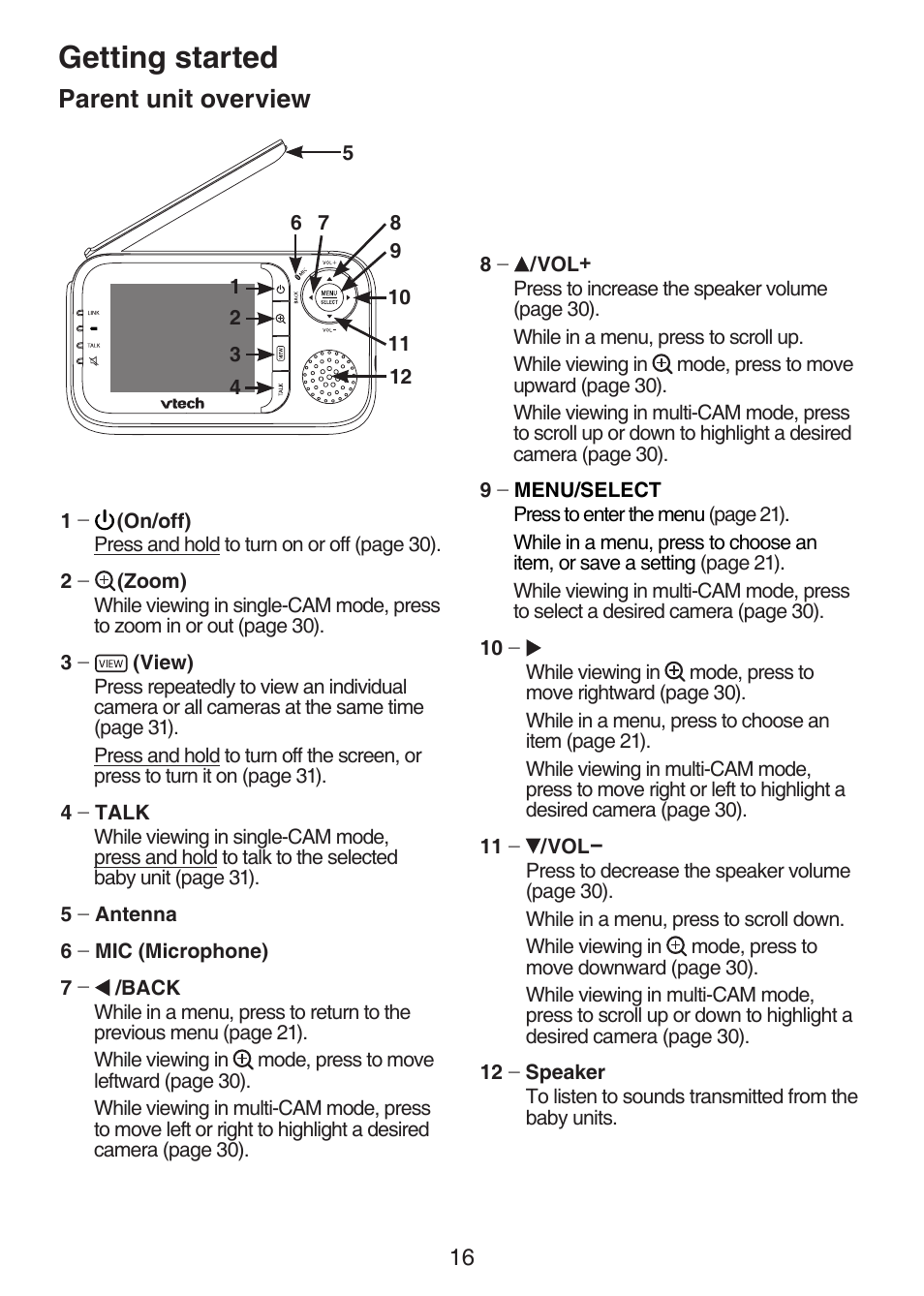 Parent unit overview, Getting started | VTech VM321-2 Manual User Manual | Page 22 / 52