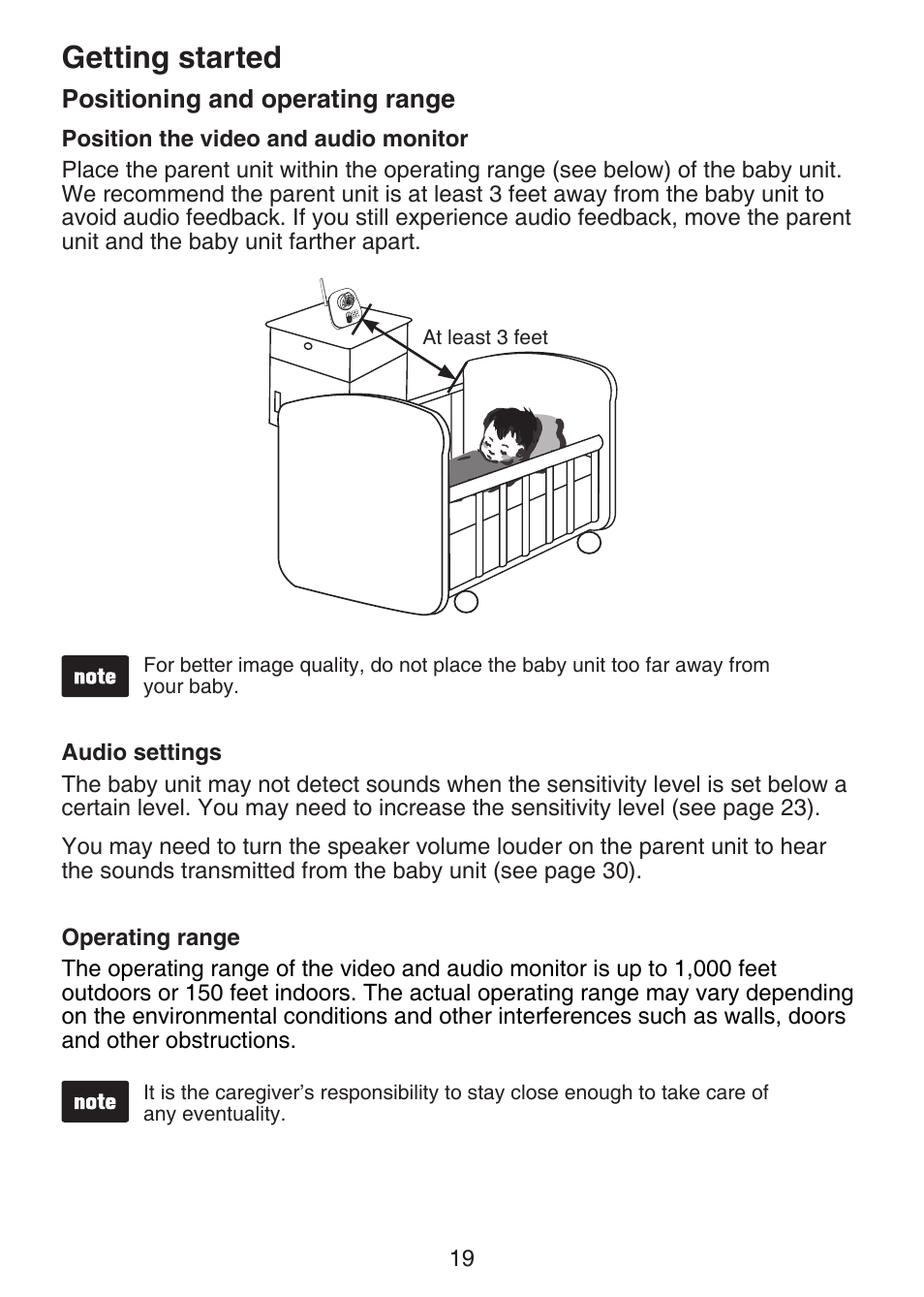Operating range, Audio settings, Positioning and operating range | Positioning the video and audio monitor, Position the video and, Audio monitor, Getting started | VTech VM321-2 Manual User Manual | Page 25 / 52