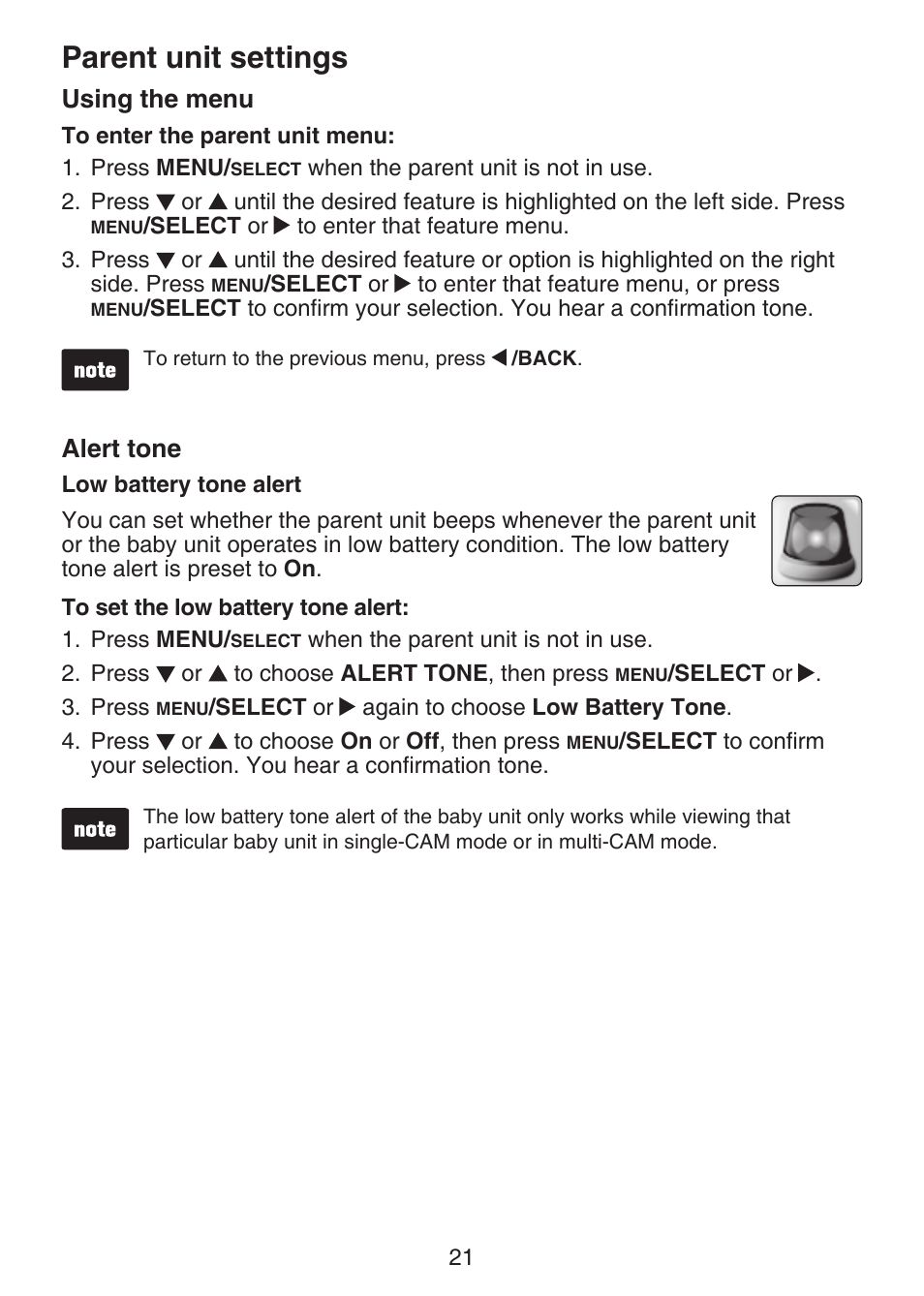 Parent unit settings, Using the menu, Alert tone | Low battery tone alert, Parent unit settings using the menu | VTech VM321-2 Manual User Manual | Page 27 / 52