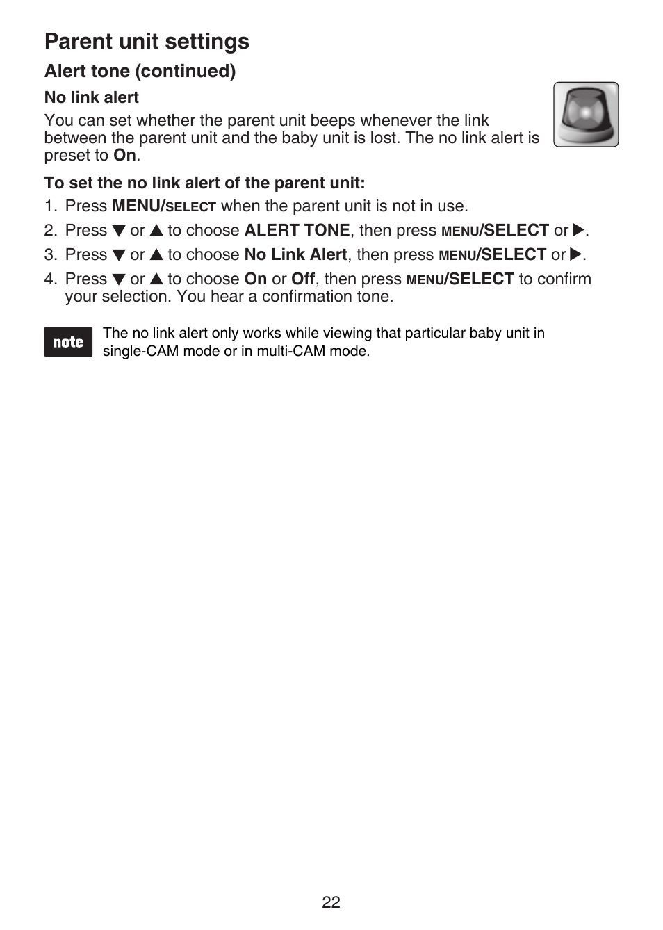 No link alert, Parent unit settings, Alert tone (continued) | VTech VM321-2 Manual User Manual | Page 28 / 52
