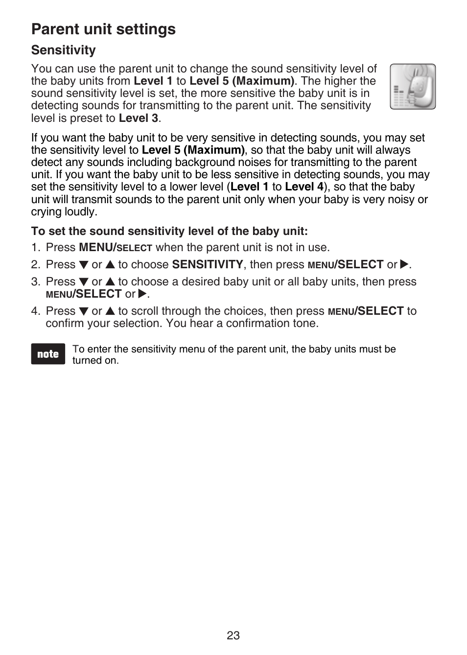 Sensitivity, Parent unit settings | VTech VM321-2 Manual User Manual | Page 29 / 52