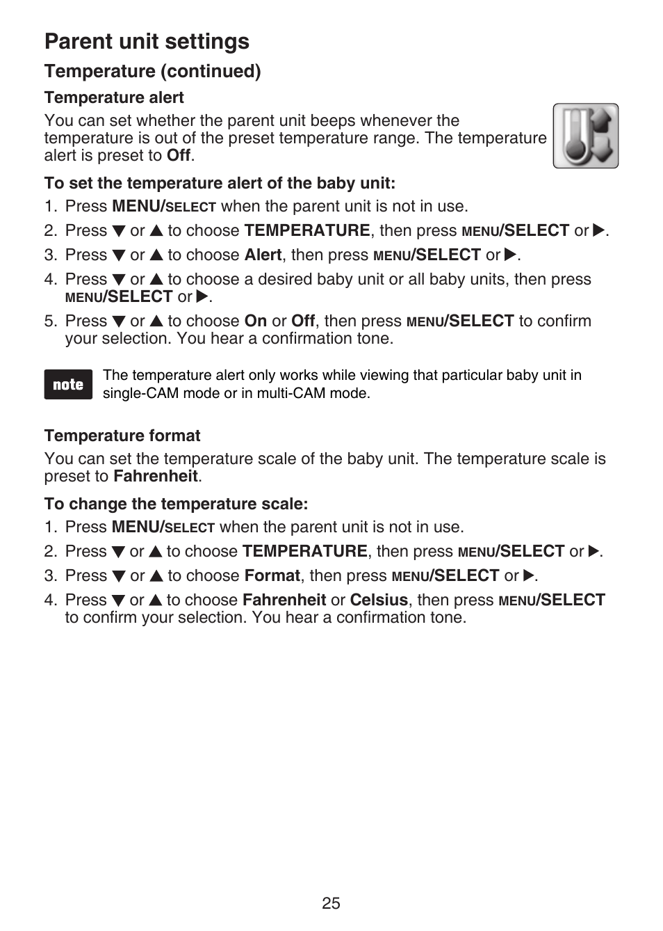 Temperature alert, Temperature format, Parent unit settings | Temperature (continued) | VTech VM321-2 Manual User Manual | Page 31 / 52