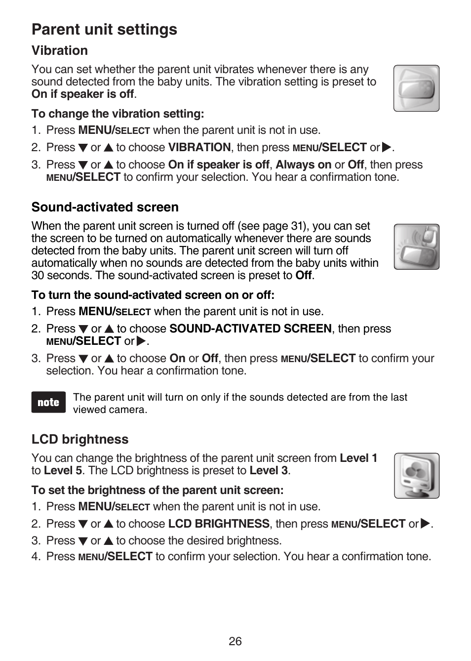 Vibration, Sound-activated screen, Lcd brightness | Parent unit settings | VTech VM321-2 Manual User Manual | Page 32 / 52