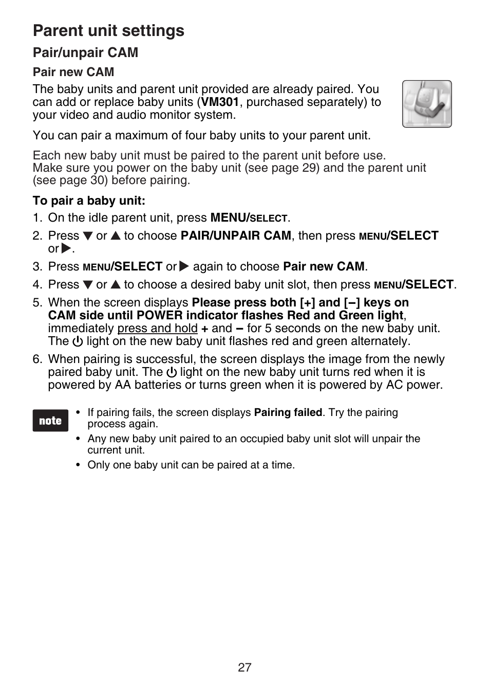 Pair/unpair cam, Pair new cam, Parent unit settings | VTech VM321-2 Manual User Manual | Page 33 / 52