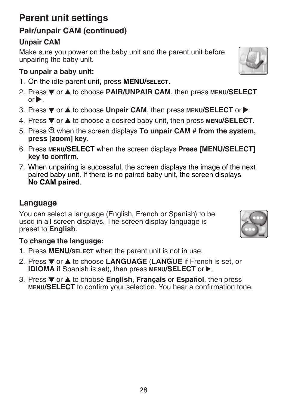 Unpair cam, Language, Parent unit settings | VTech VM321-2 Manual User Manual | Page 34 / 52