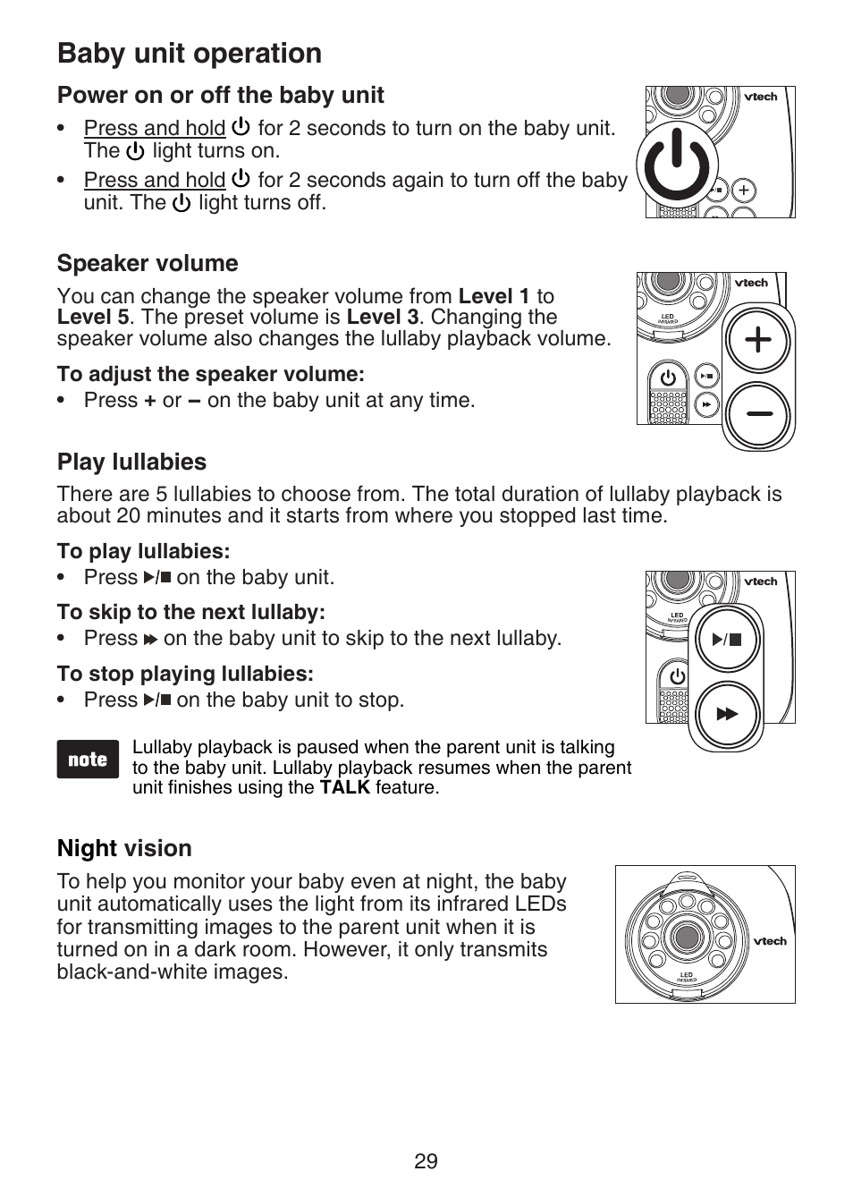 Baby unit operation, Power on or off the baby unit, Speaker volume | Play lullabies, Night vision, Baby unit operation power on or off the baby unit, Night, Vision | VTech VM321-2 Manual User Manual | Page 35 / 52
