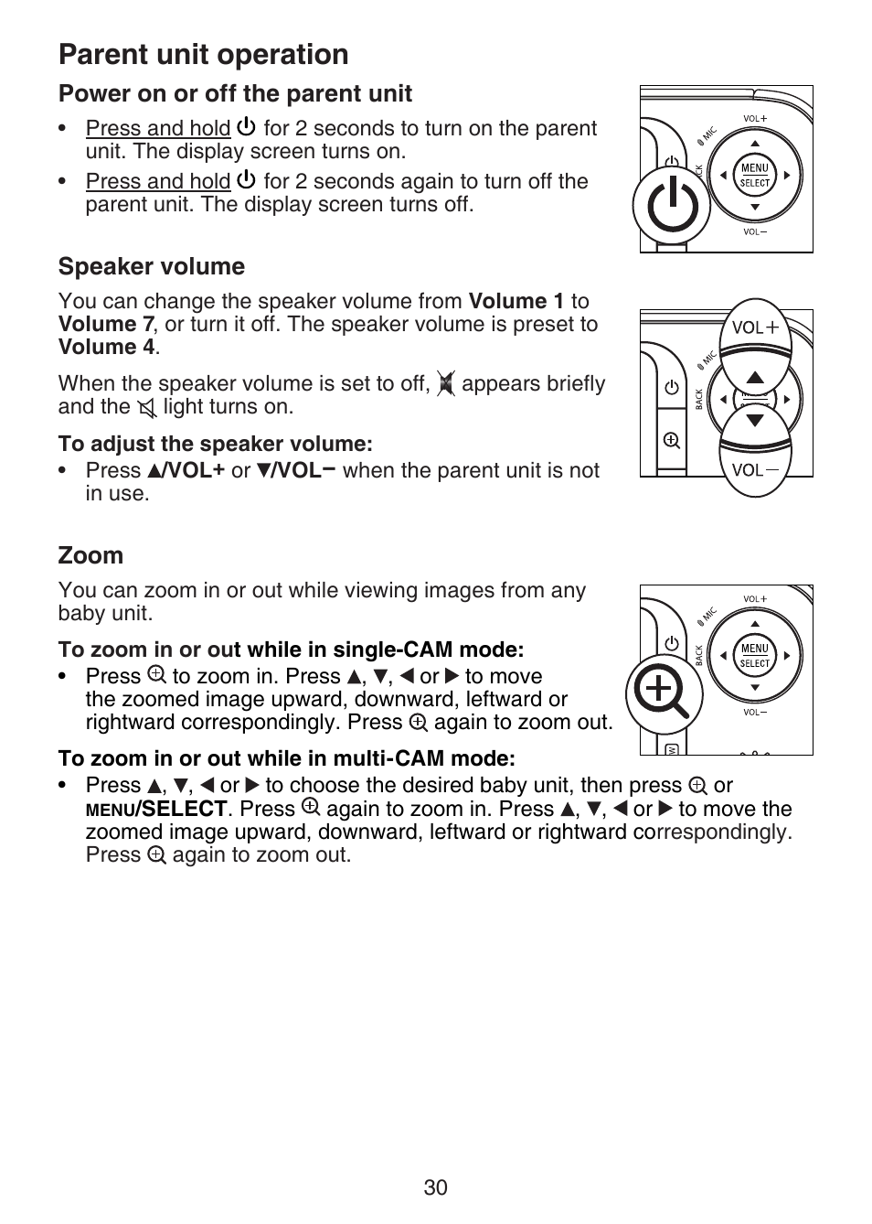 Power on or off the parent unit, Speaker volume, Zoom | Parent unit operation | VTech VM321-2 Manual User Manual | Page 36 / 52