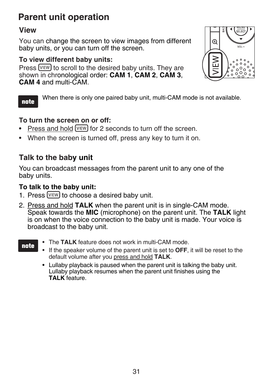 View, Talk to the baby unit, Talk to the bab | Y unit, Parent unit operation | VTech VM321-2 Manual User Manual | Page 37 / 52