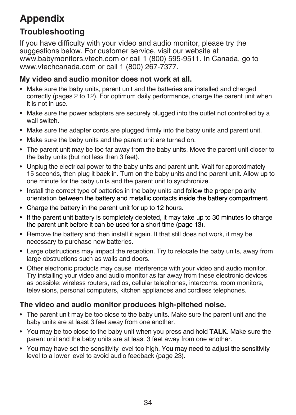Troubleshooting, Appendix | VTech VM321-2 Manual User Manual | Page 40 / 52