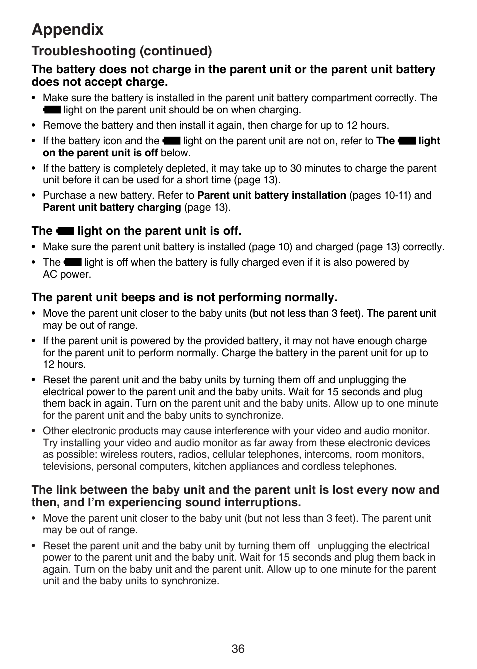 Appendix, Troubleshooting (continued) | VTech VM321-2 Manual User Manual | Page 42 / 52