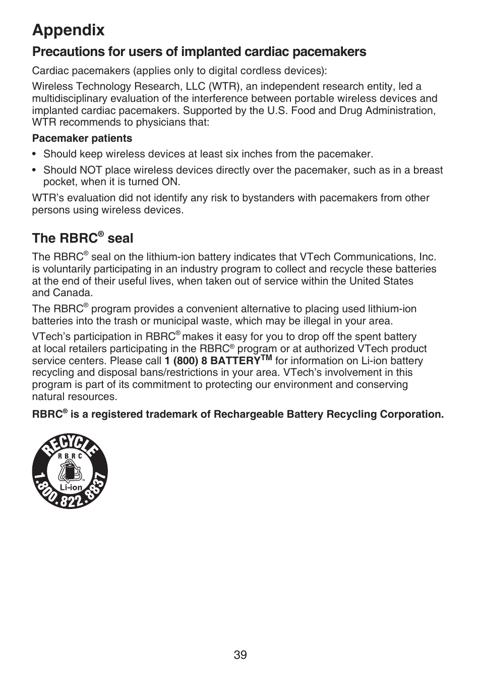 The rbrc® seal, Precautions for users of implanted, Cardiac pacemakers | The rbrc, Seal, Appendix | VTech VM321-2 Manual User Manual | Page 45 / 52