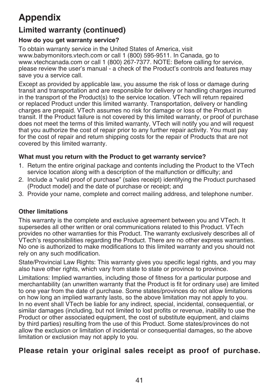 Appendix, Limited warranty (continued) | VTech VM321-2 Manual User Manual | Page 47 / 52