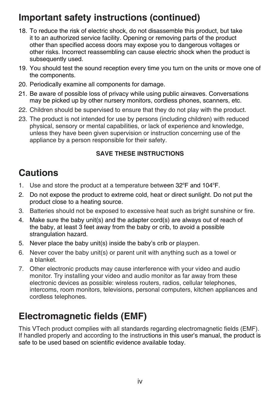 Important safety instructions (continued), Cautions, Electromagnetic fields (emf) | VTech VM321-2 Manual User Manual | Page 5 / 52
