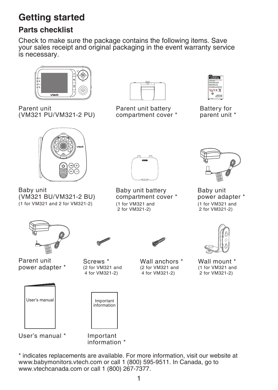 Getting started, Parts checklist, Getting started parts checklist | VTech VM321-2 Manual User Manual | Page 7 / 52