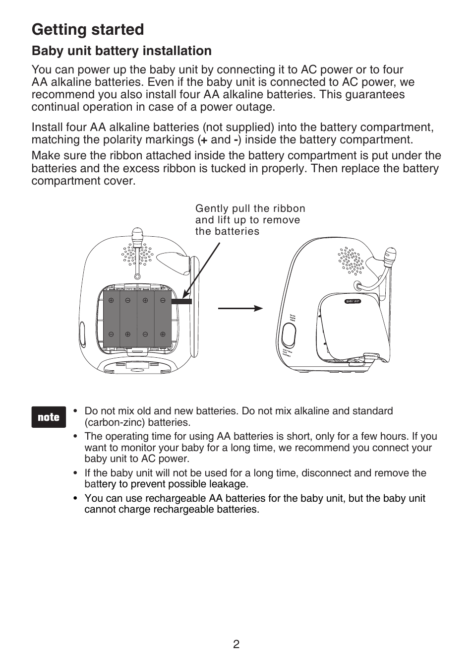 Baby unit battery installation, Getting started | VTech VM321-2 Manual User Manual | Page 8 / 52