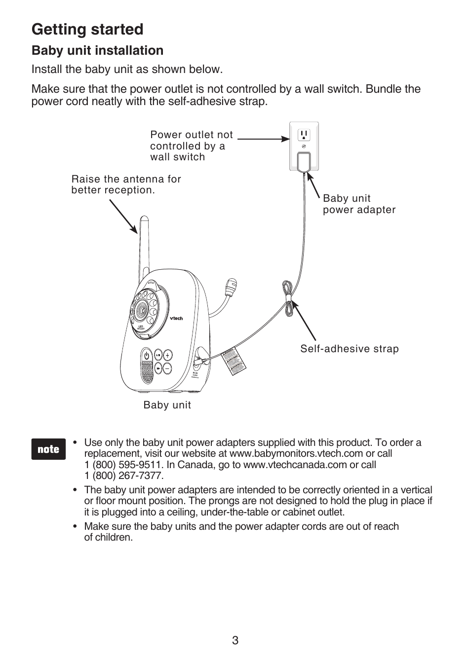 Baby unit installation, Getting started | VTech VM321-2 Manual User Manual | Page 9 / 52