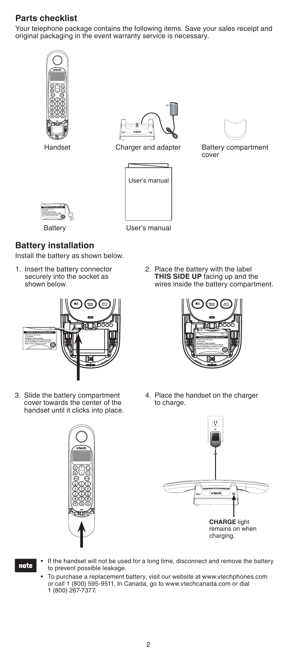 Battery installation, Parts checklist, User’s manual | VTech LS6001_-13-15-16-17 Manual User Manual | Page 2 / 8