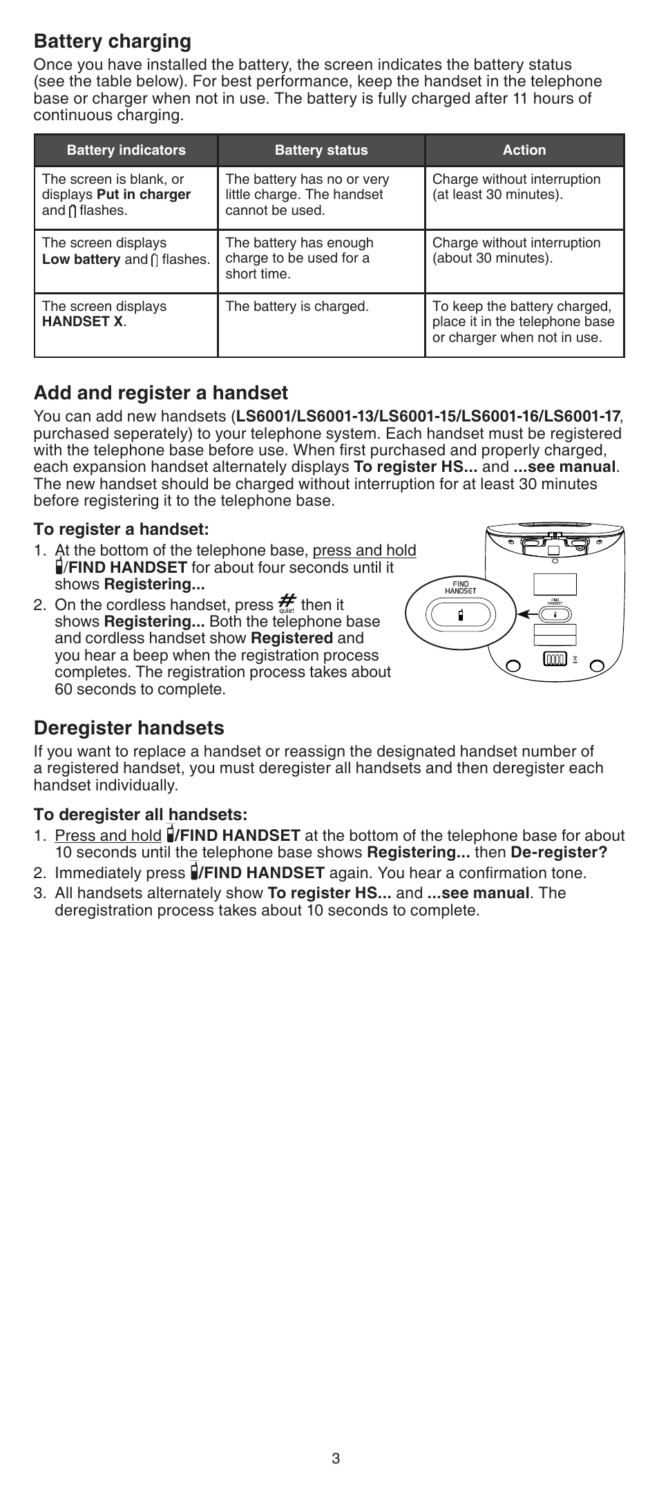 Add and register a handset, Deregister handsets, Battery charging | VTech LS6001_-13-15-16-17 Manual User Manual | Page 3 / 8