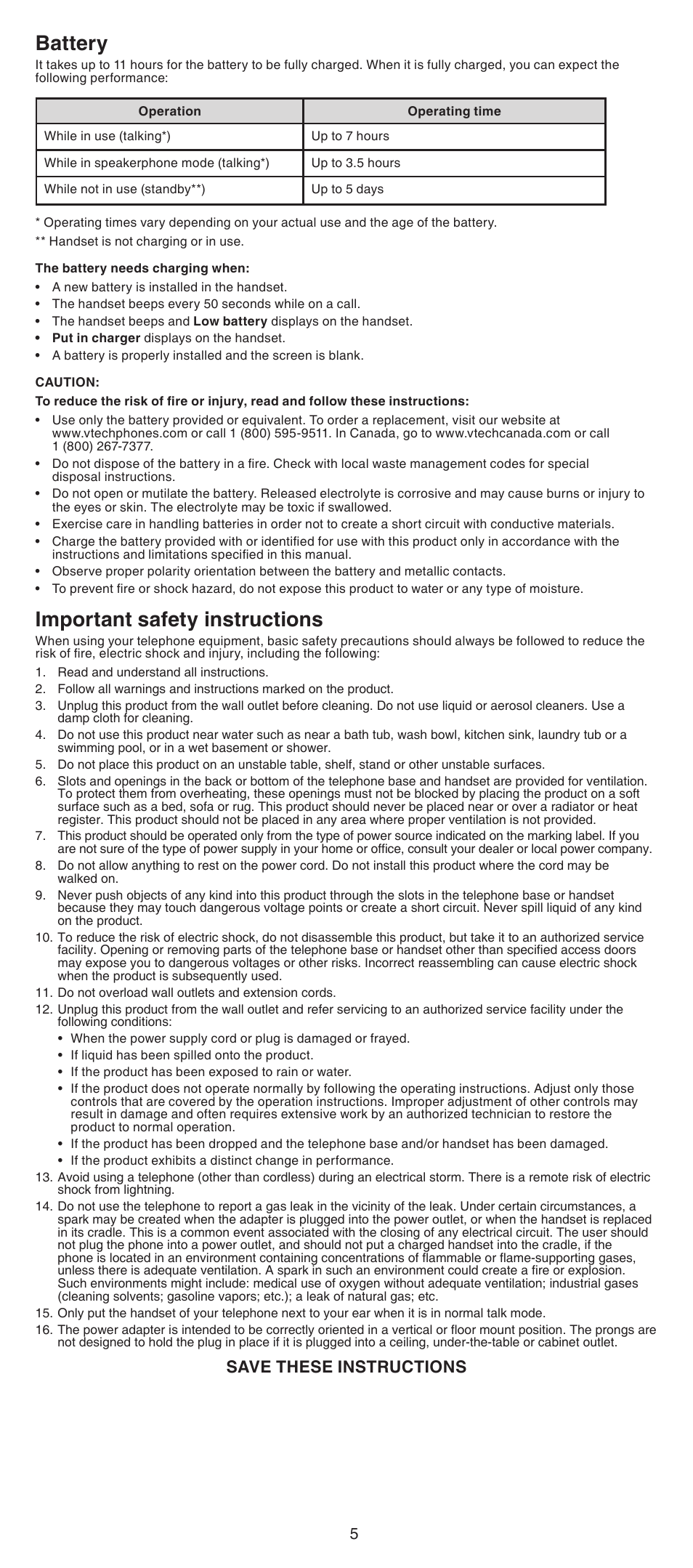 Battery, Important safety instructions, Save these instructions | VTech LS6001_-13-15-16-17 Manual User Manual | Page 5 / 8