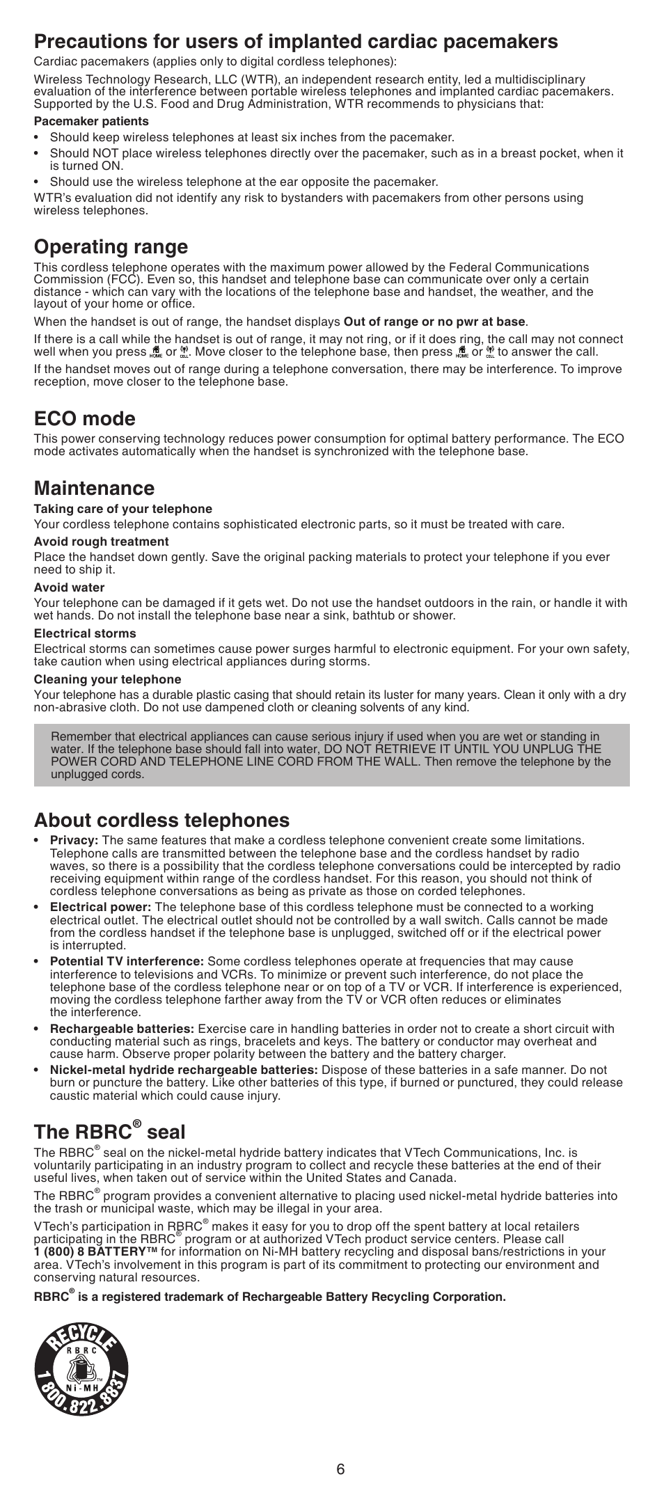 Operating range, Eco mode, Maintenance | About cordless telephones, The rbrc, Seal | VTech LS6001_-13-15-16-17 Manual User Manual | Page 6 / 8