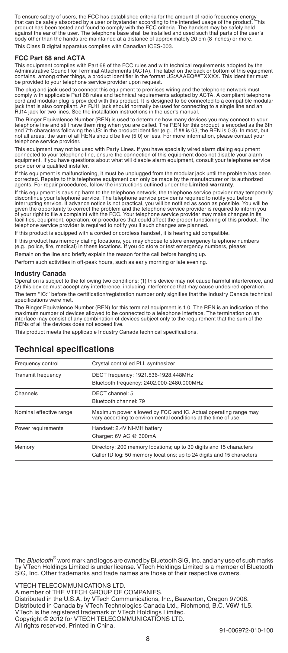 Technical specifications | VTech LS6001_-13-15-16-17 Manual User Manual | Page 8 / 8